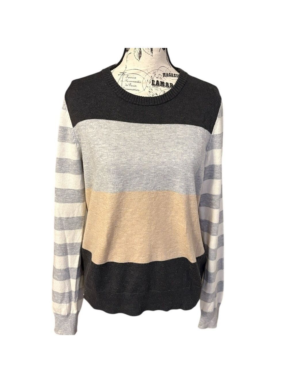 GAP Women’s Crewneck Sweater Striped Black, Gray, Tan and Cream Size L